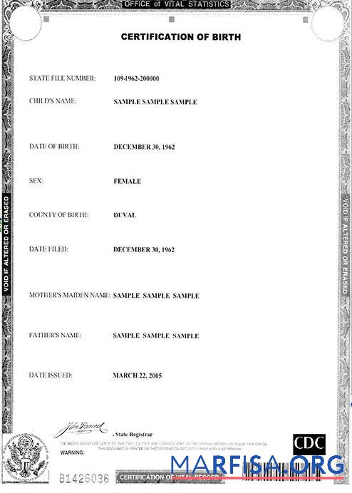 Downloadable Office of vital statistics birth certificate template